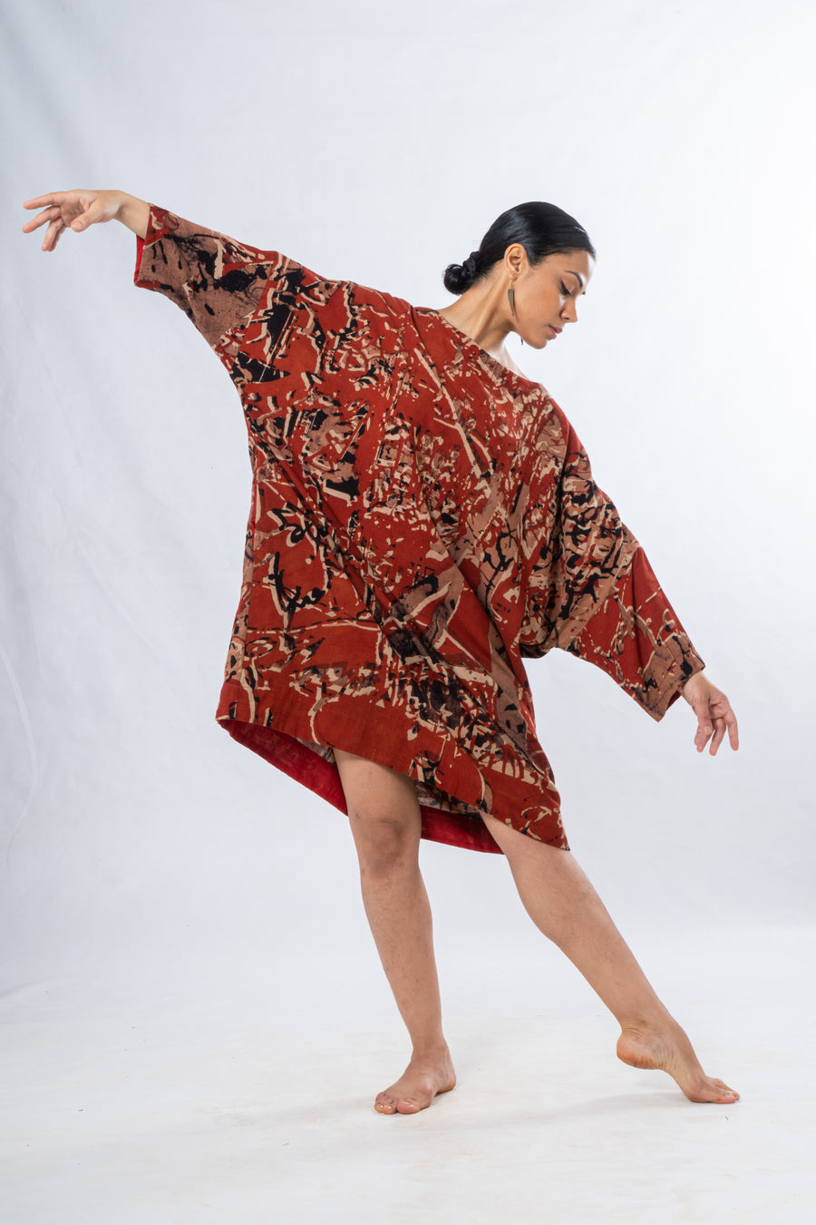 Red Khadi Hand Block Calligraphy Print Dress