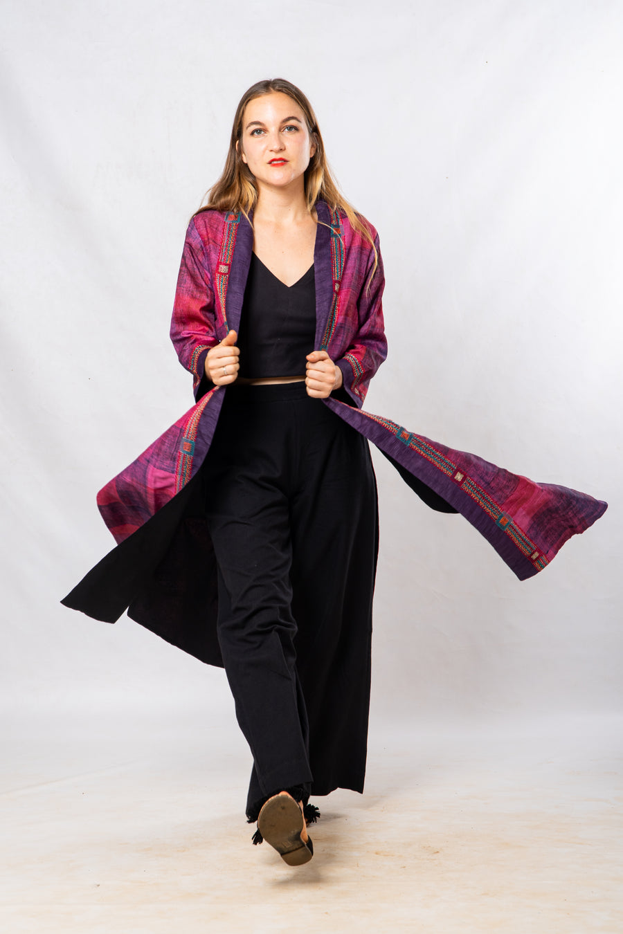 Magenta Tussar Silk Hand Painted Embroidered Long Jacket