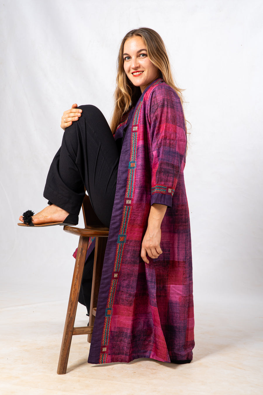 Magenta Tussar Silk Hand Painted Embroidered Long Jacket