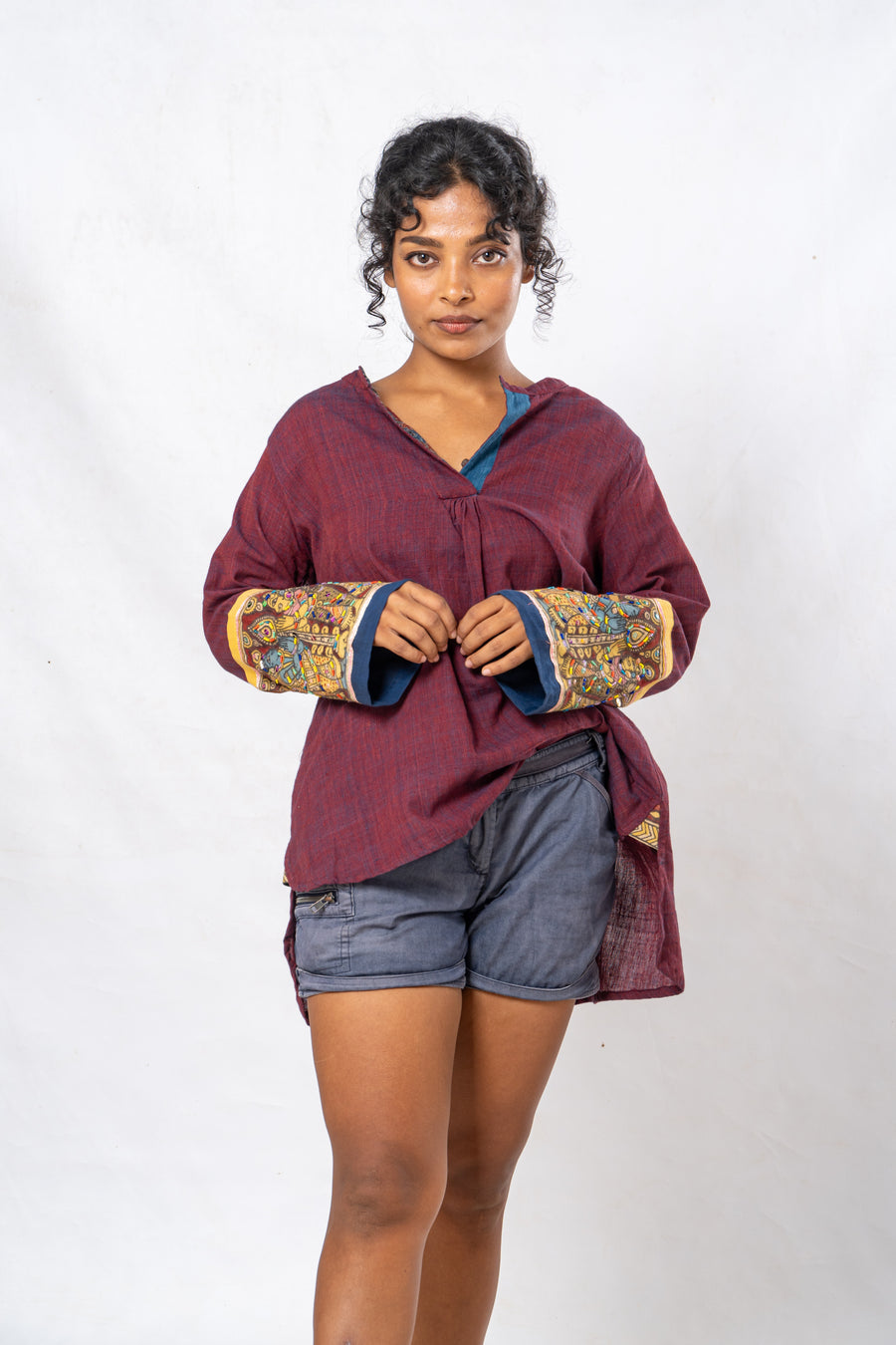 Maroon Hand Painted Kalamkari Cuff High Low Hem Top