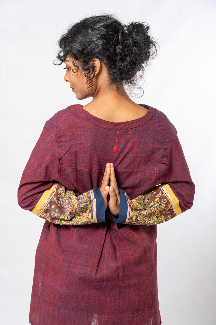 Maroon Hand Painted Kalamkari Cuff High Low Hem Top