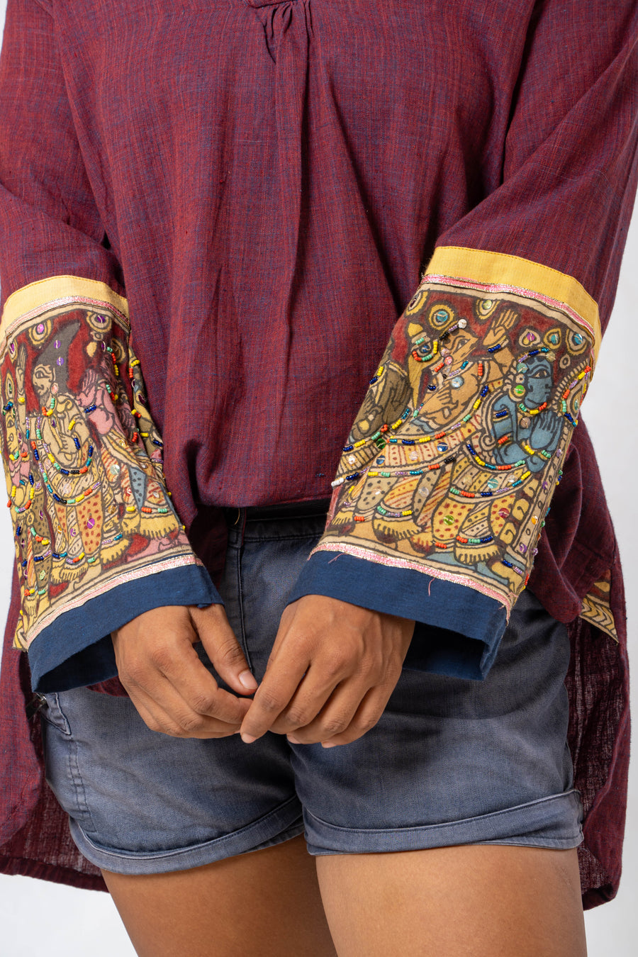 Maroon Hand Painted Kalamkari Cuff High Low Hem Top