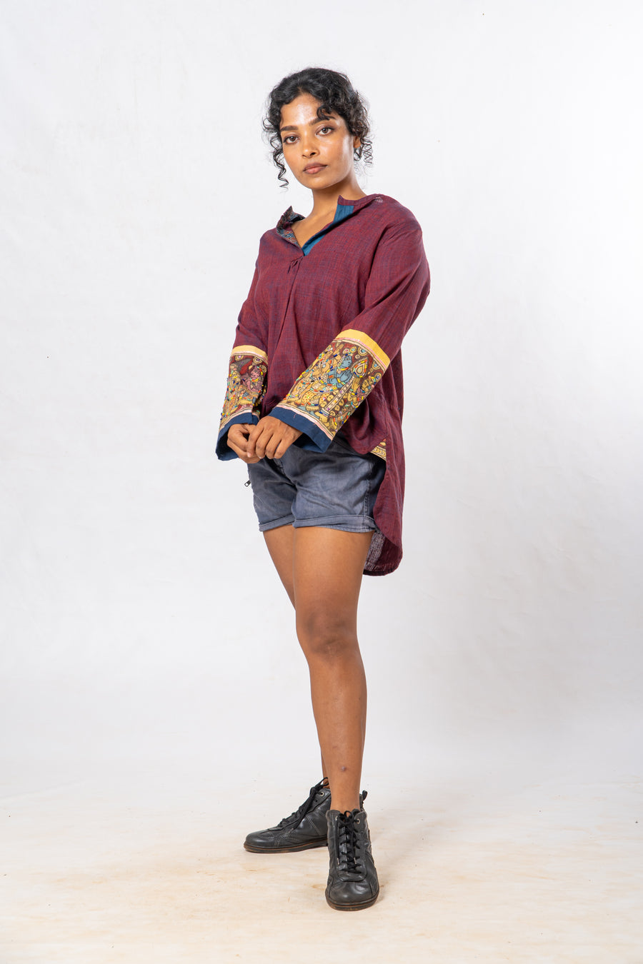 Maroon Hand Painted Kalamkari Cuff High Low Hem Top