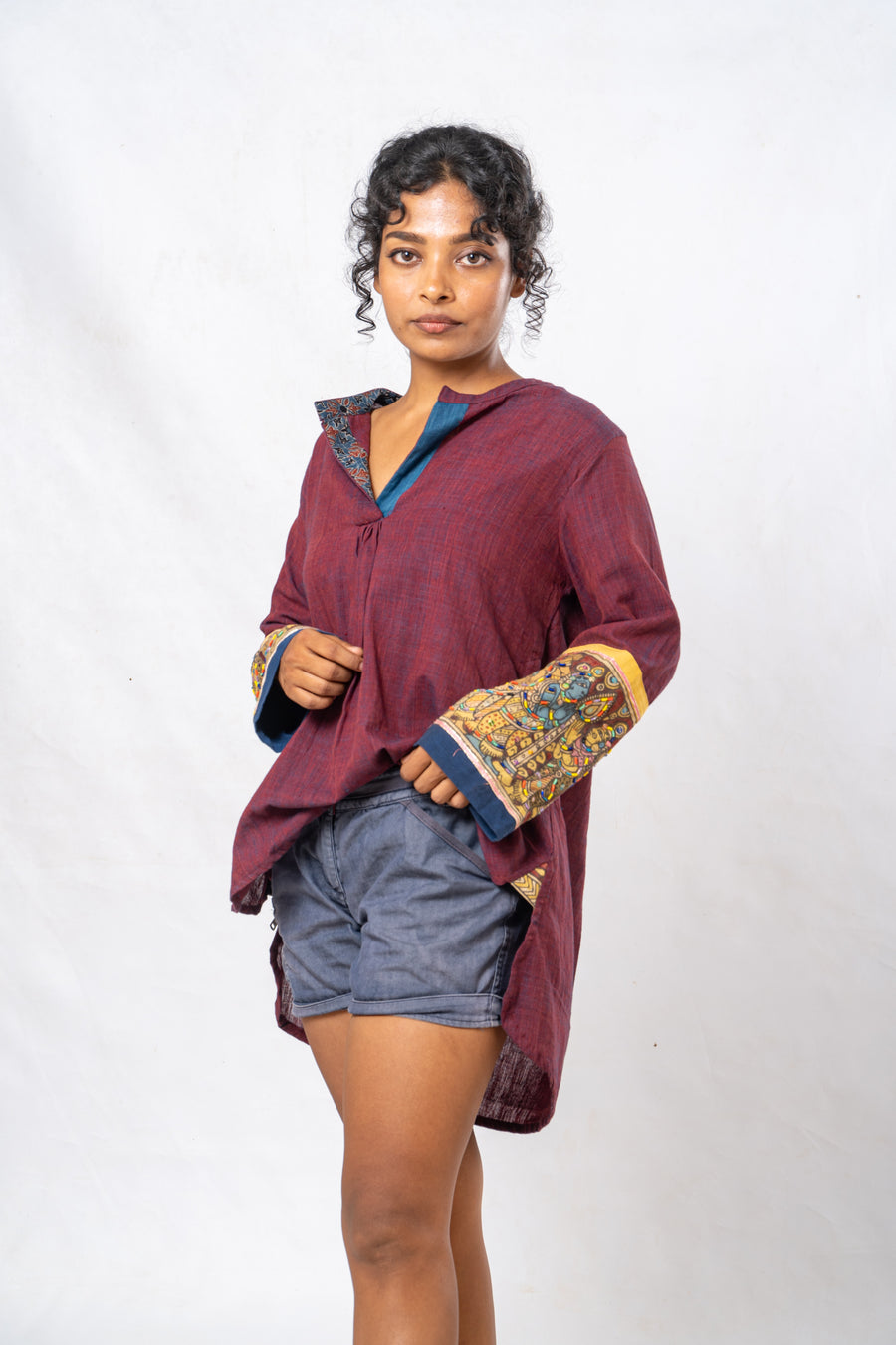 Maroon Hand Painted Kalamkari Cuff High Low Hem Top