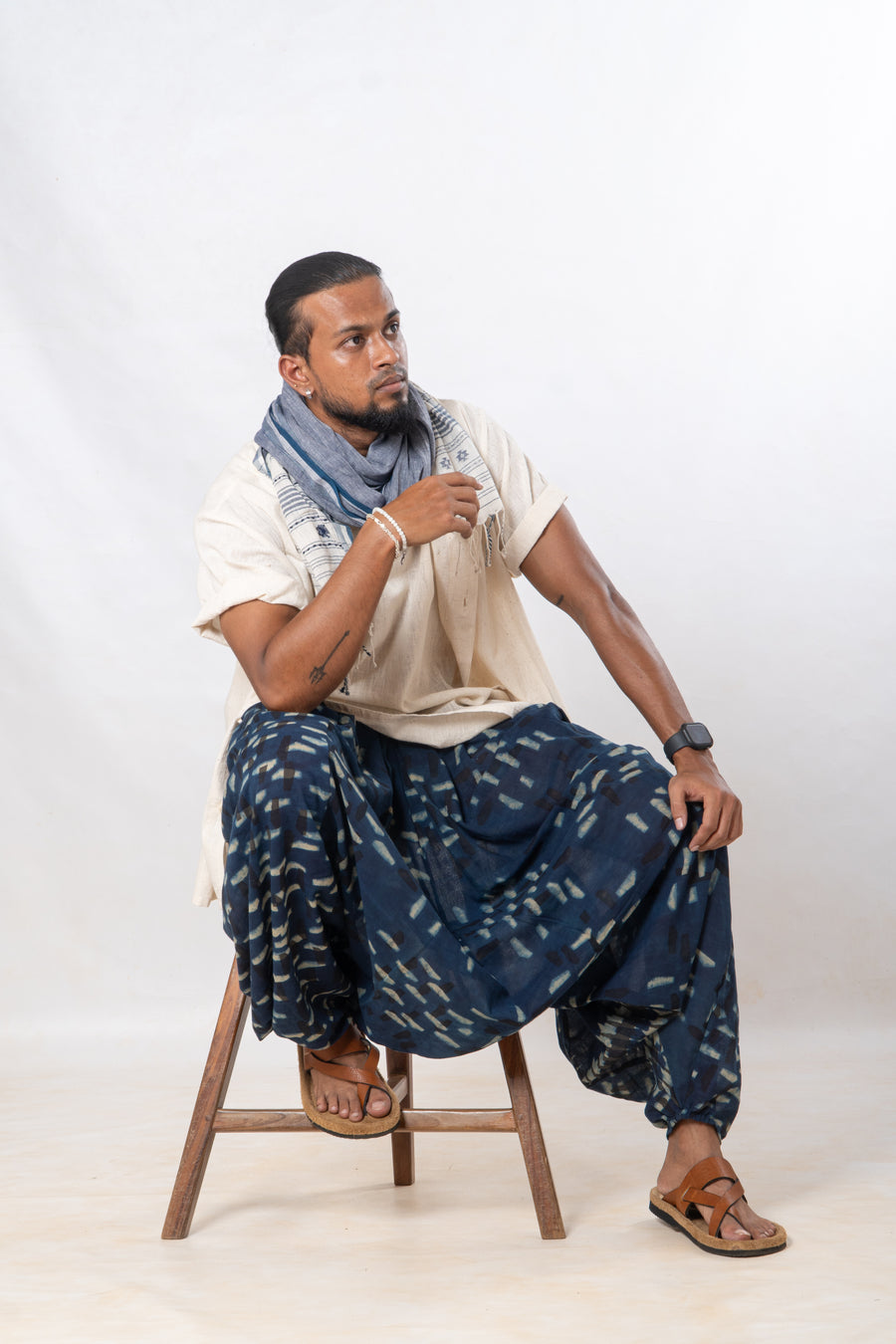 Menswear Set of 3- Natural Khadi half sleeve Shirt & indigo Pants Set
