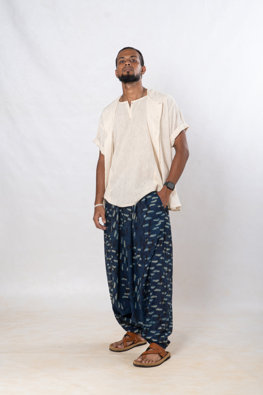 Menswear Set of 3- Natural Khadi half sleeve Shirt & indigo Pants Set