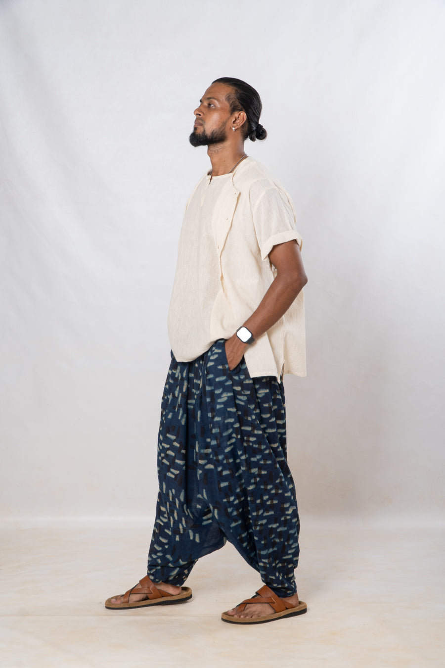 Menswear Set of 3- Natural Khadi half sleeve Shirt & indigo Pants Set
