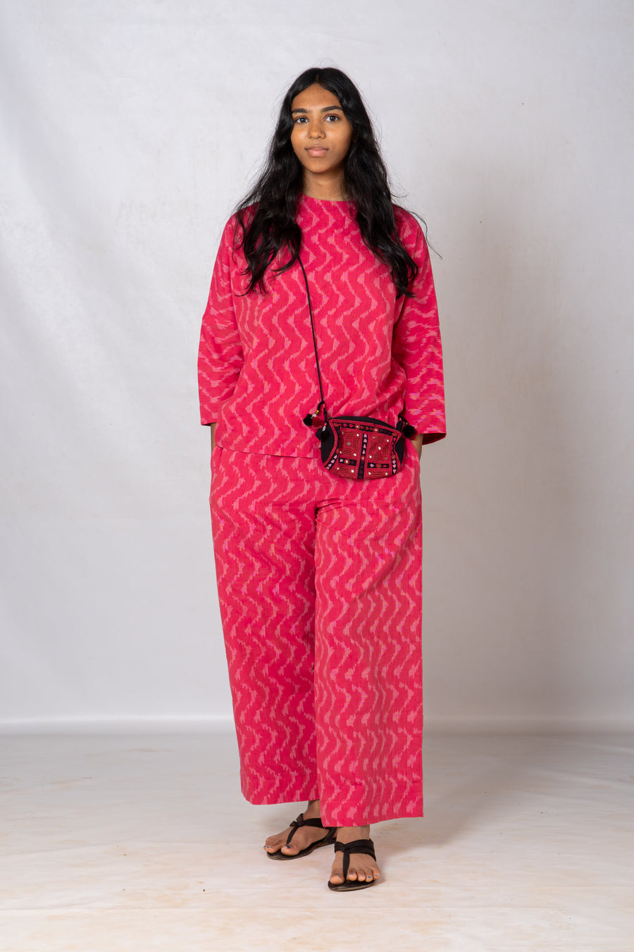 Set of 2- Pink Ikkat drop shoulder Top & Pant