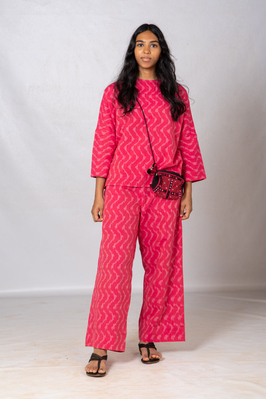 Set of 2- Pink Ikkat drop shoulder Top & Pant
