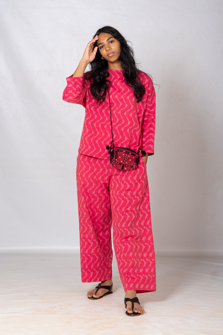 Set of 2- Pink Ikkat drop shoulder Top & Pant