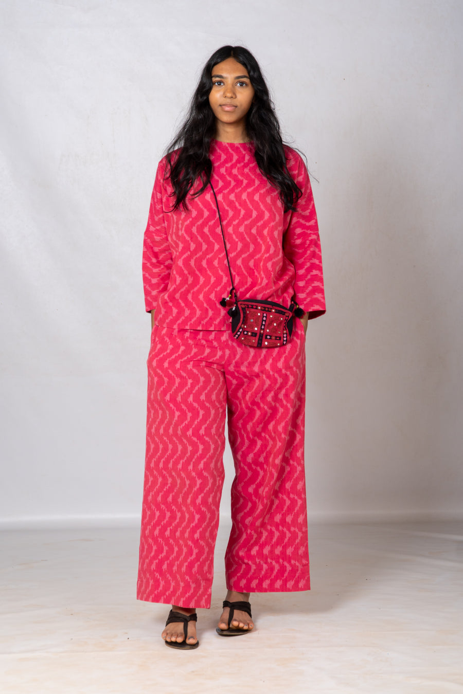 Set of 2- Pink Ikkat drop shoulder Top & Pant
