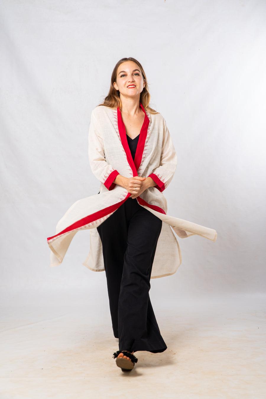 Red Temple Border Khadi Cotton Long Jacket