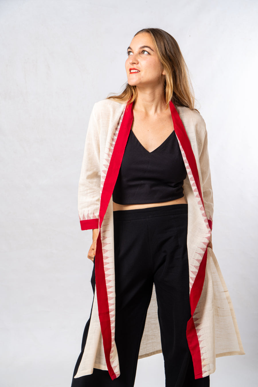 Red Temple Border Khadi Cotton Long Jacket