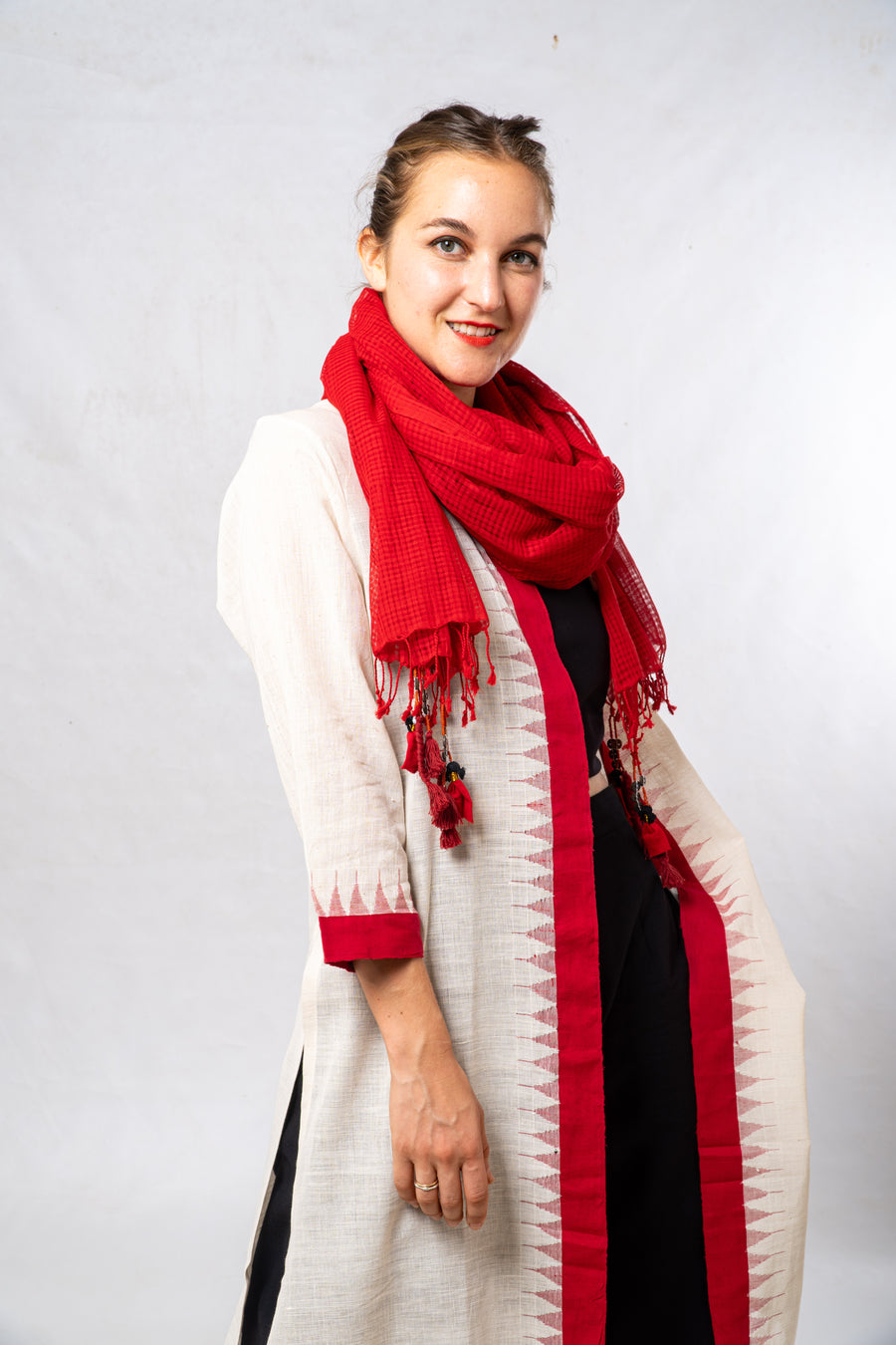 Red Temple Border Khadi Cotton Long Jacket
