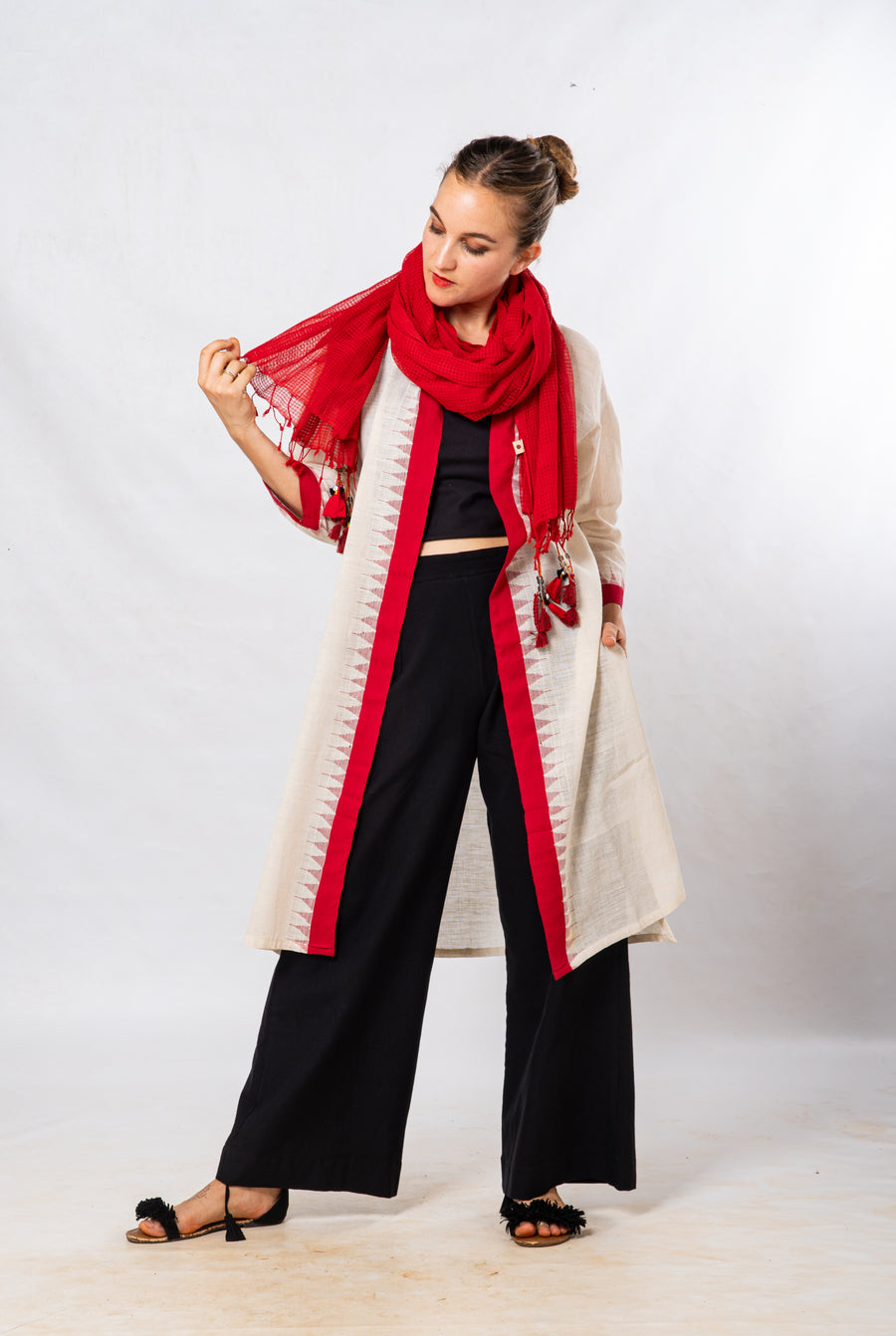 Red Temple Border Khadi Cotton Long Jacket