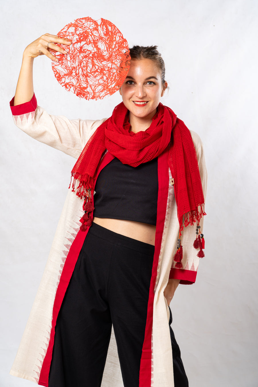 Red Temple Border Khadi Cotton Long Jacket