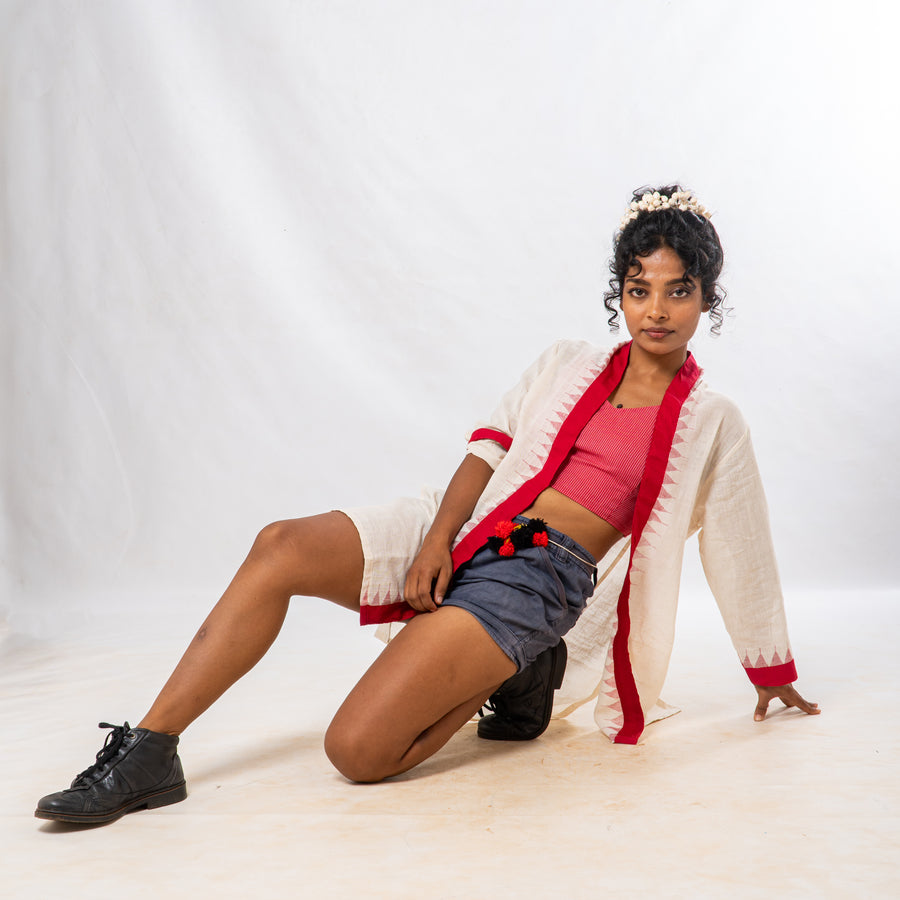 Red Temple Border Khadi Cotton Short Jacket