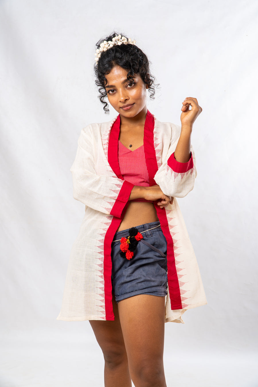 Red Temple Border Khadi Cotton Short Jacket