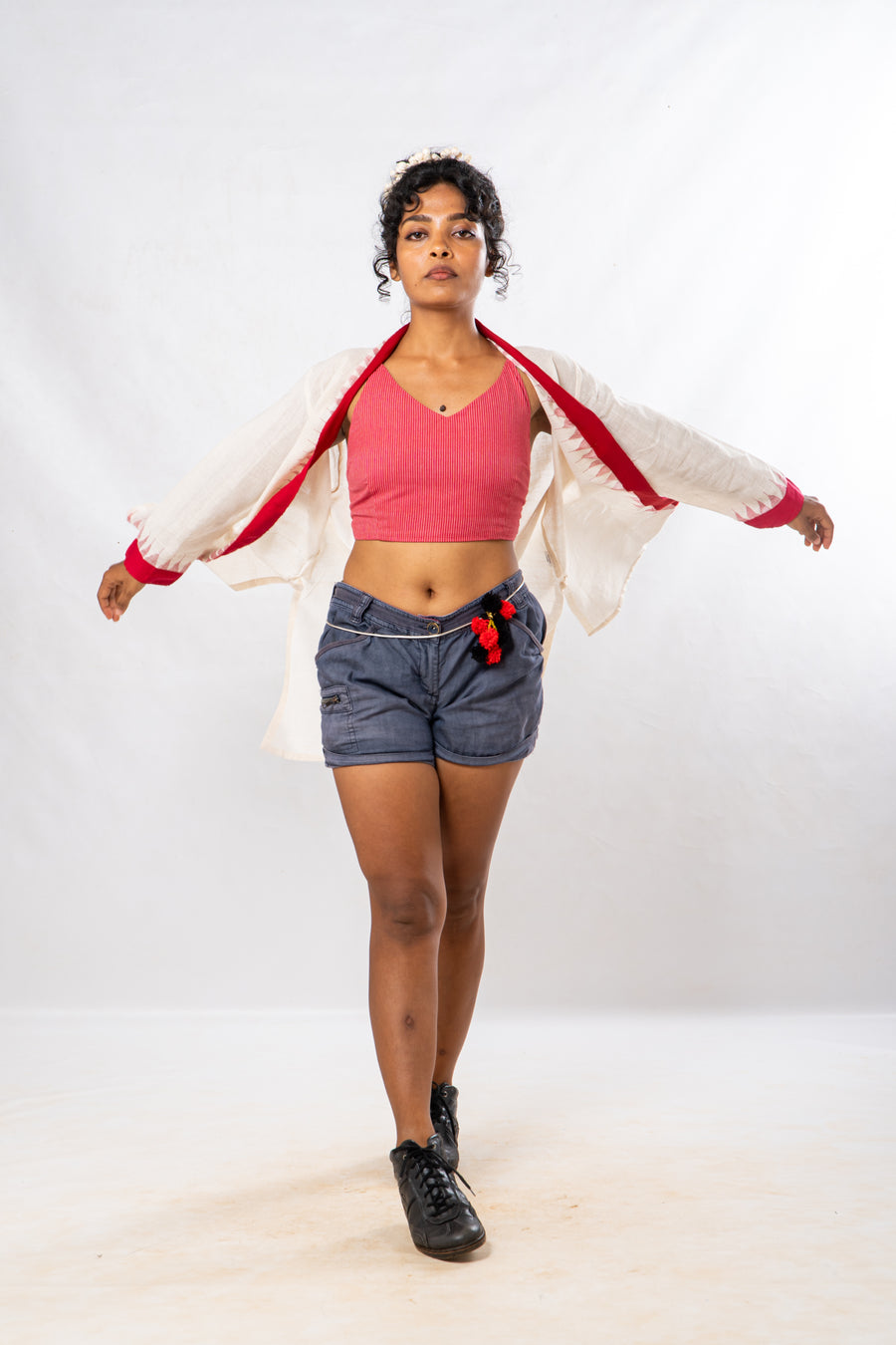 Red Temple Border Khadi Cotton Short Jacket