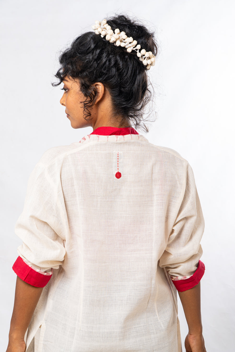 Red Temple Border Khadi Cotton Short Jacket