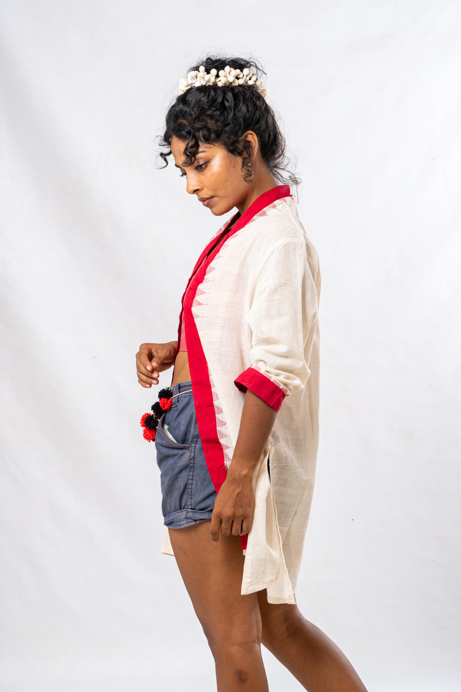 Red Temple Border Khadi Cotton Short Jacket