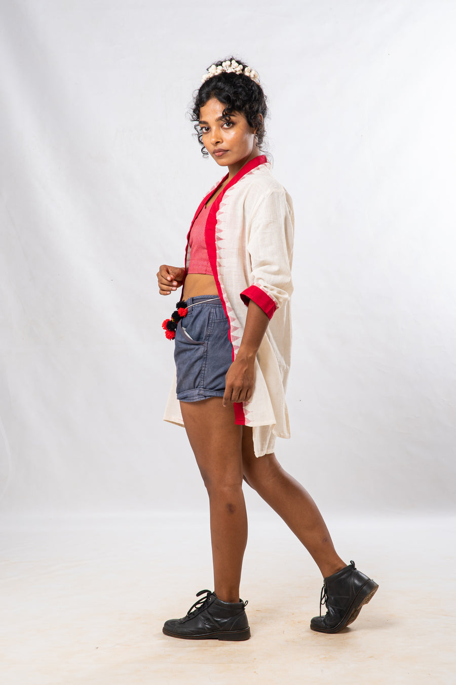 Red Temple Border Khadi Cotton Short Jacket