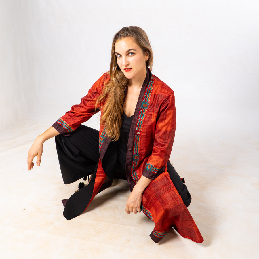 Red Tussar Silk Hand Painted Embroidered Long Jacket