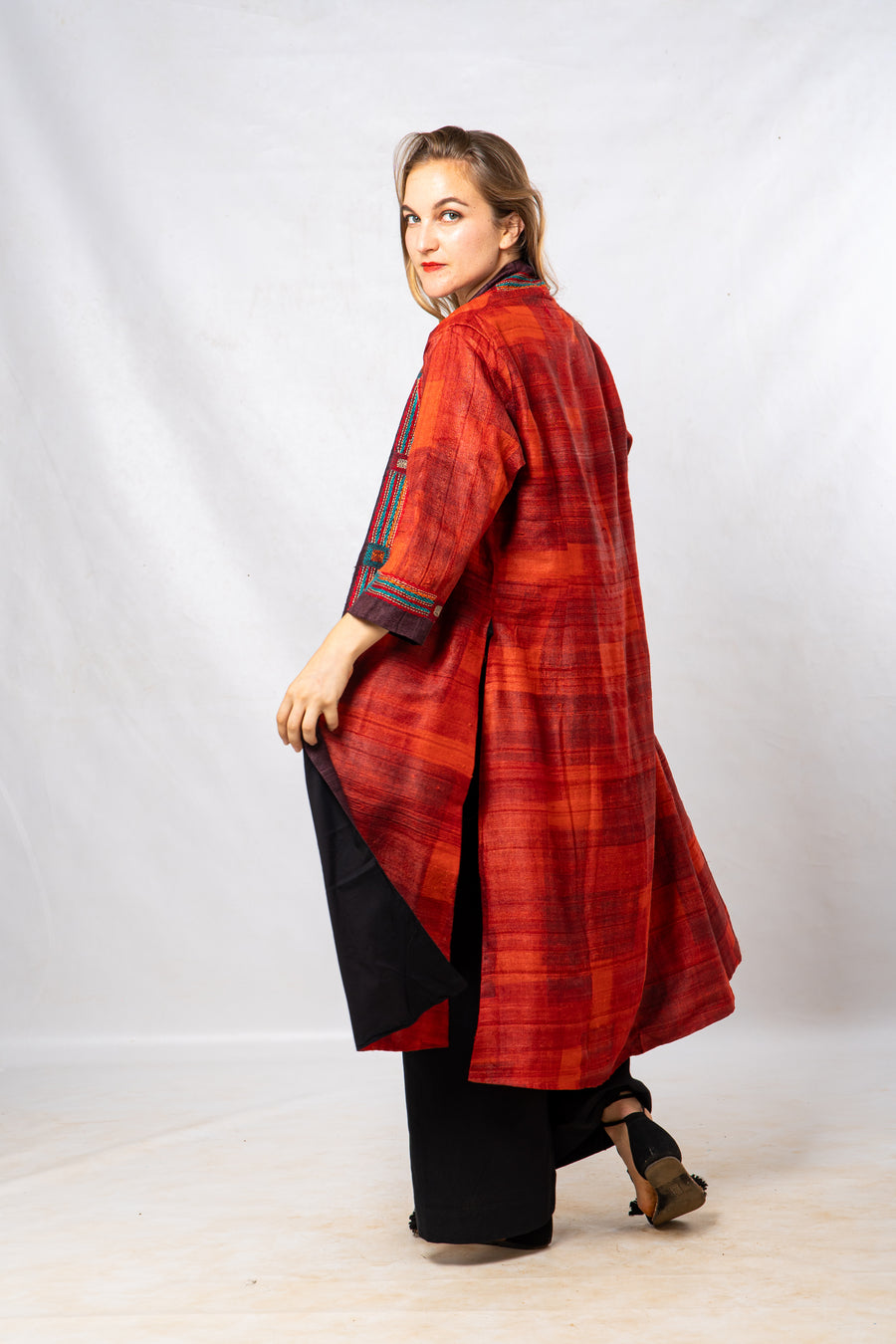 Red Tussar Silk Hand Painted Embroidered Long Jacket