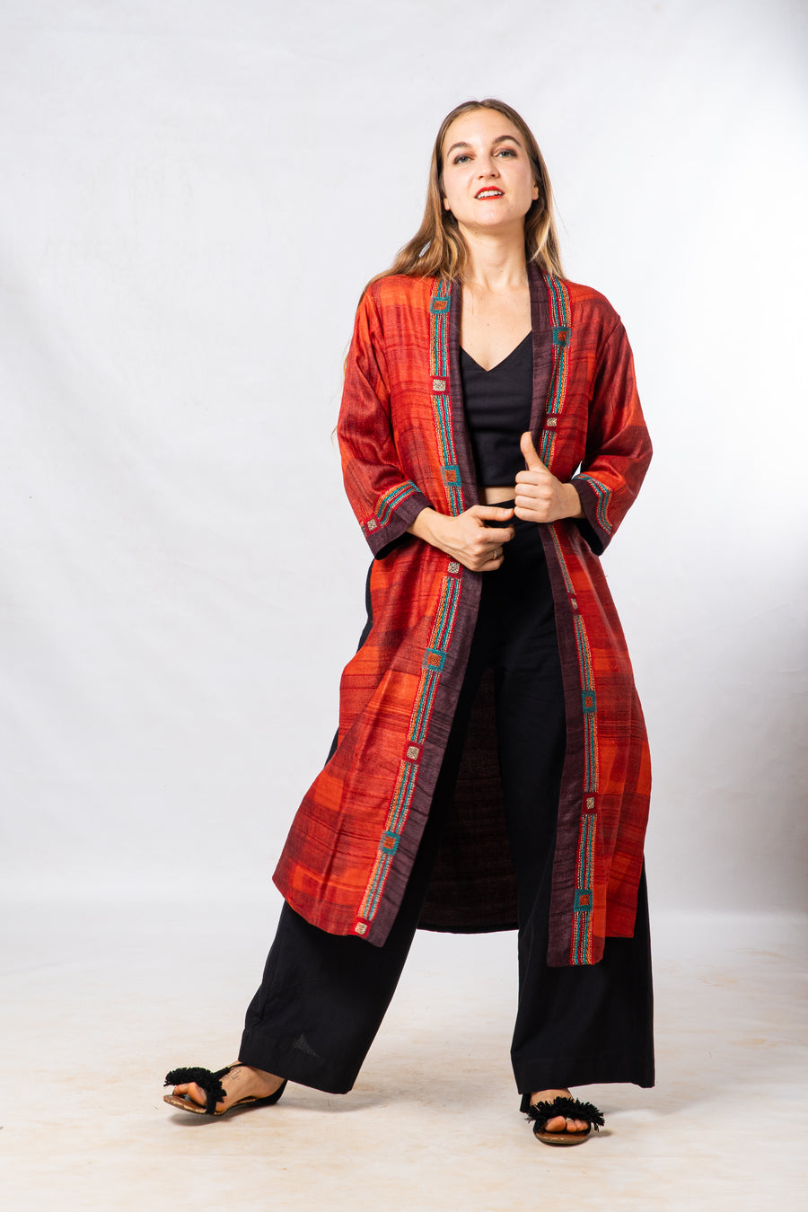 Red Tussar Silk Hand Painted Embroidered Long Jacket