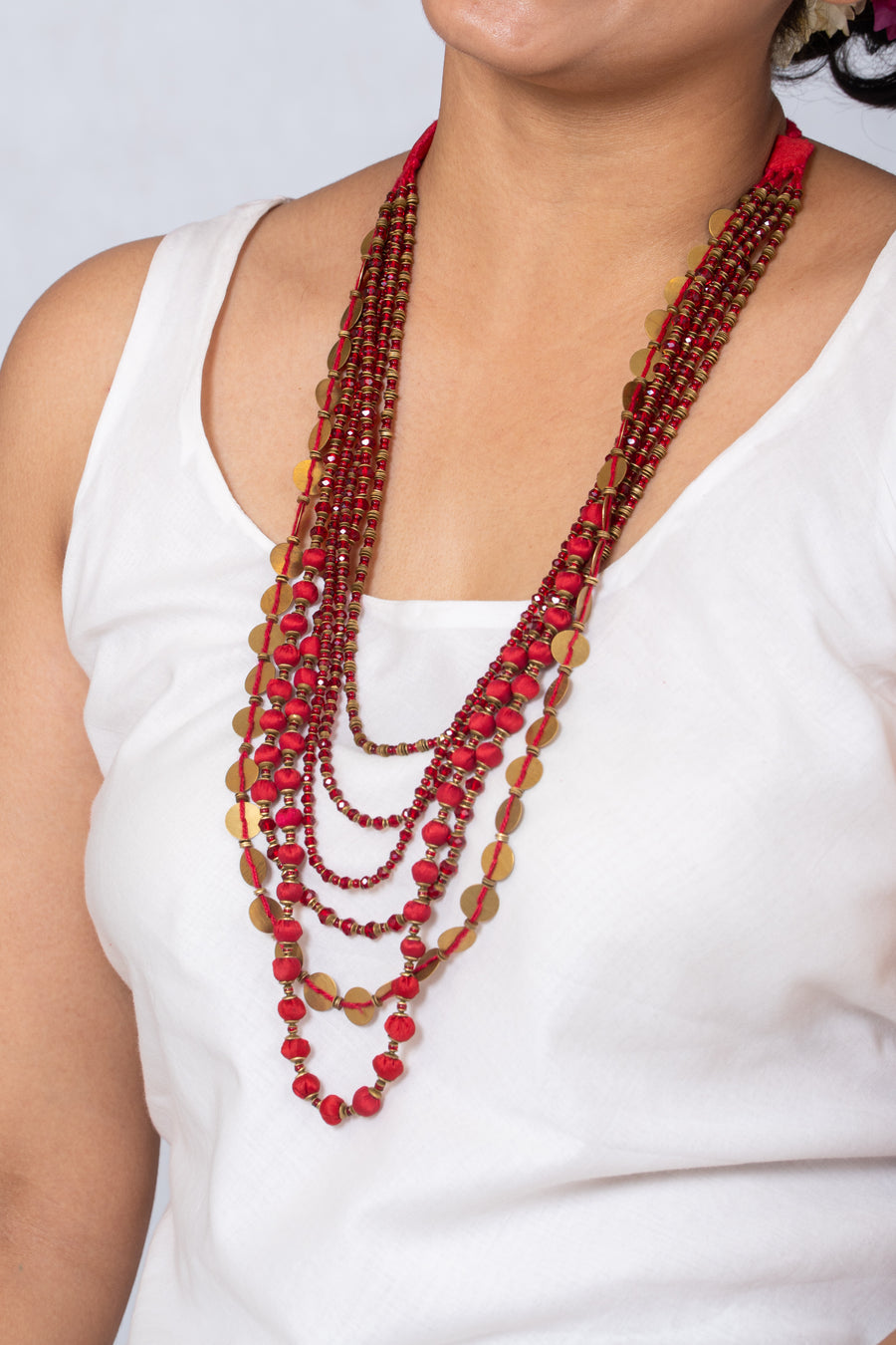 Handcrafted Bead & Brass Necklace- Red