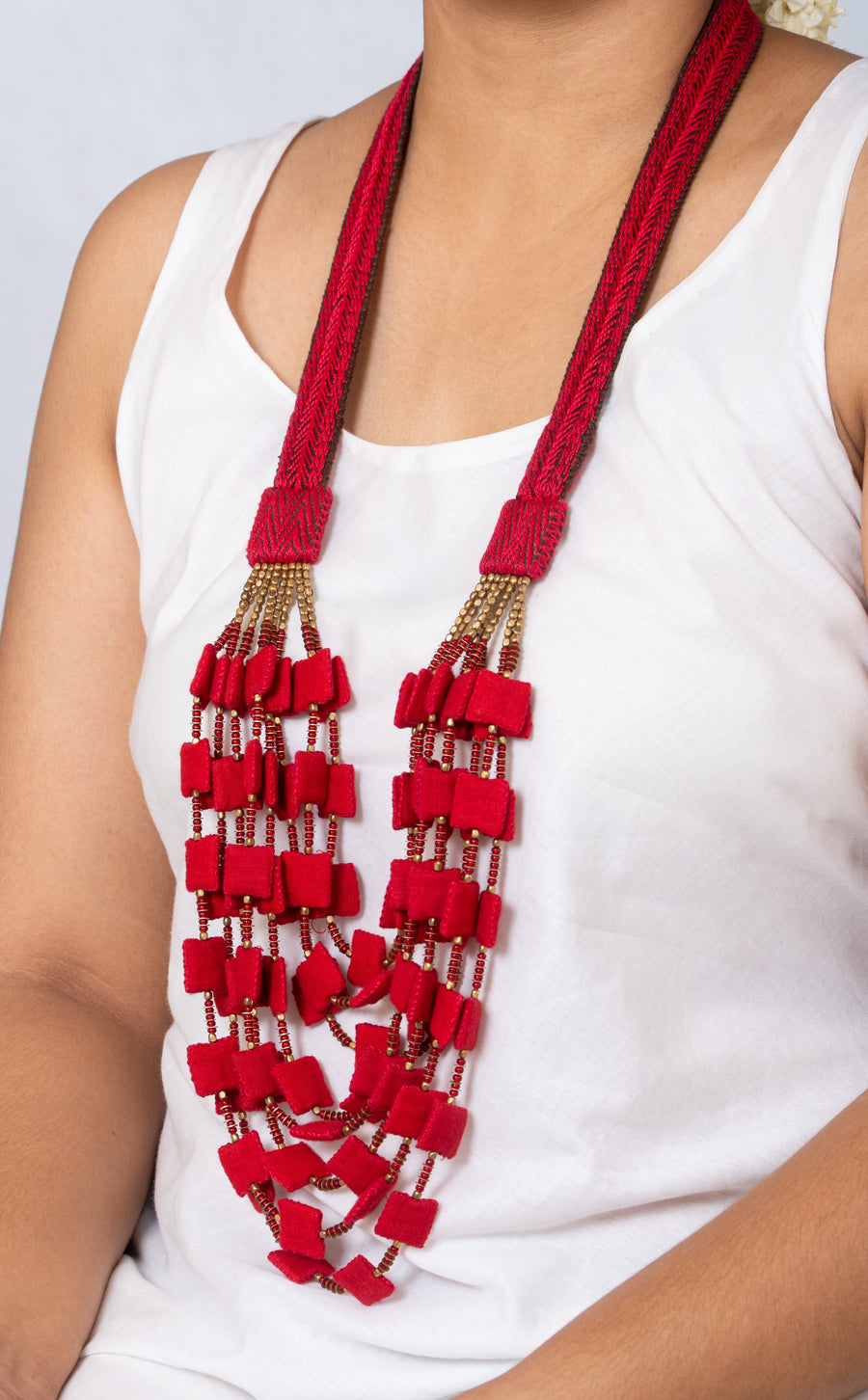 Handcrafted Long Statement Necklace - Red