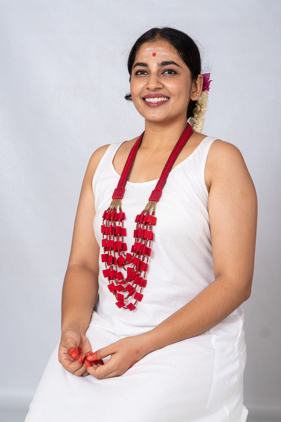 Handcrafted Long Statement Necklace - Red