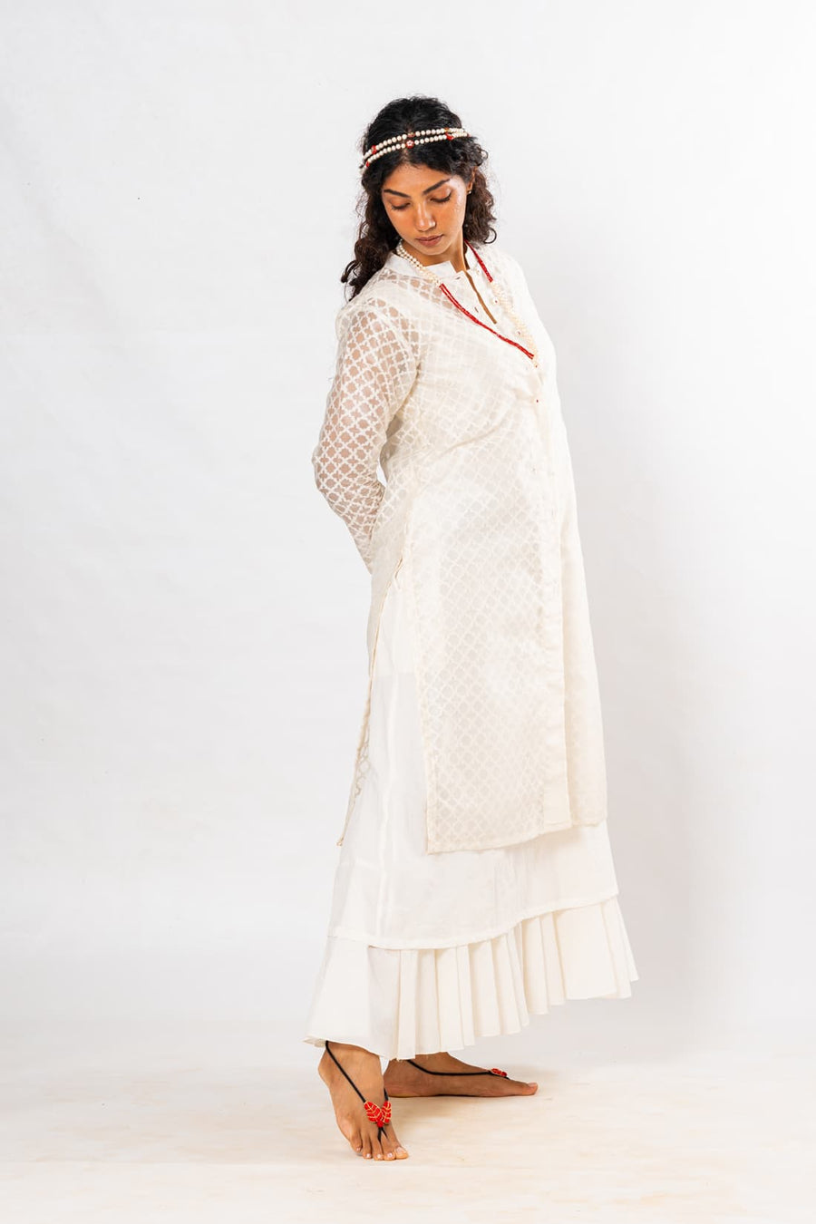 Set of 2- White Varanasi Cutwork Organic Cotton Dress & Jacket