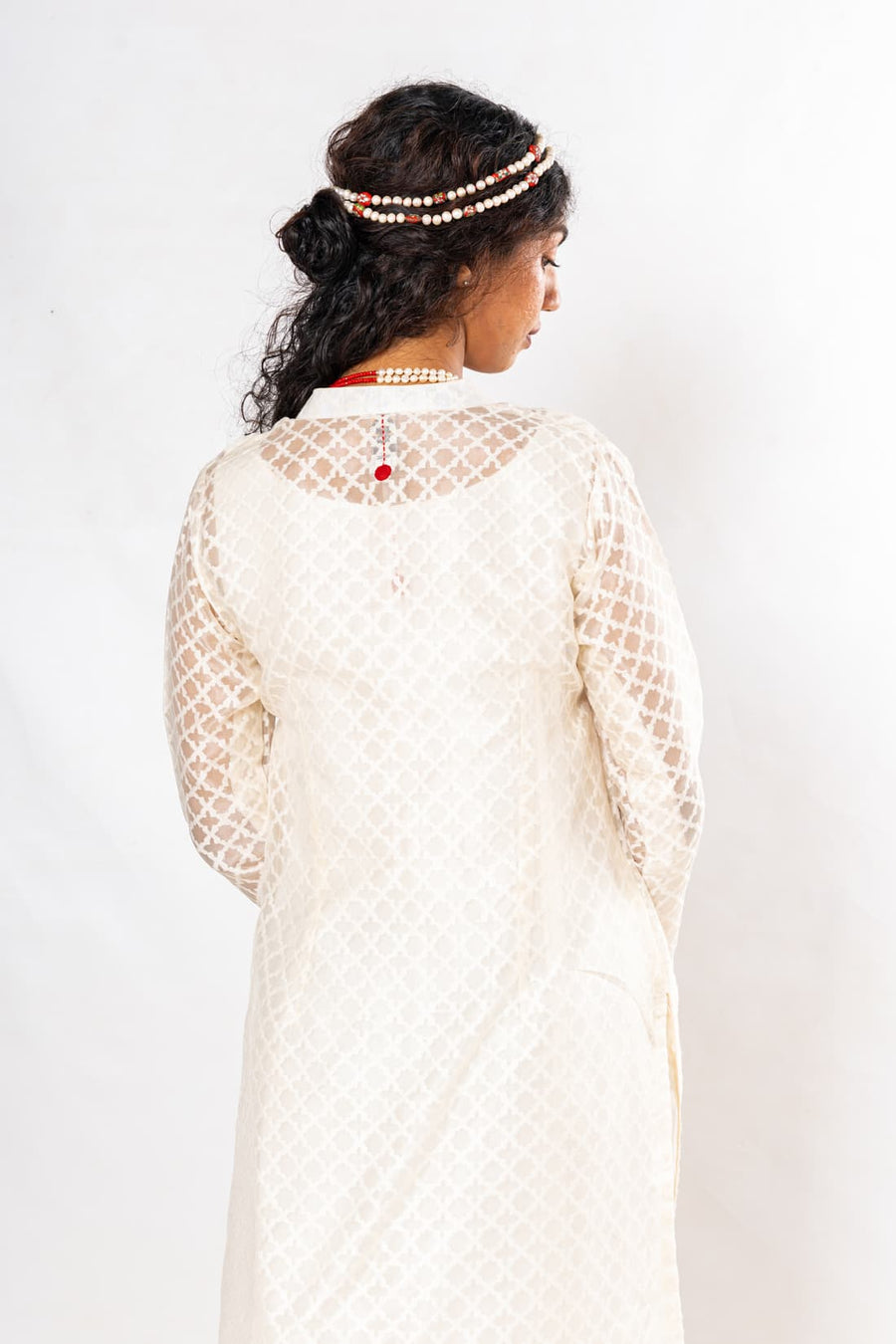 Set of 2- White Varanasi Cutwork Organic Cotton Dress & Jacket