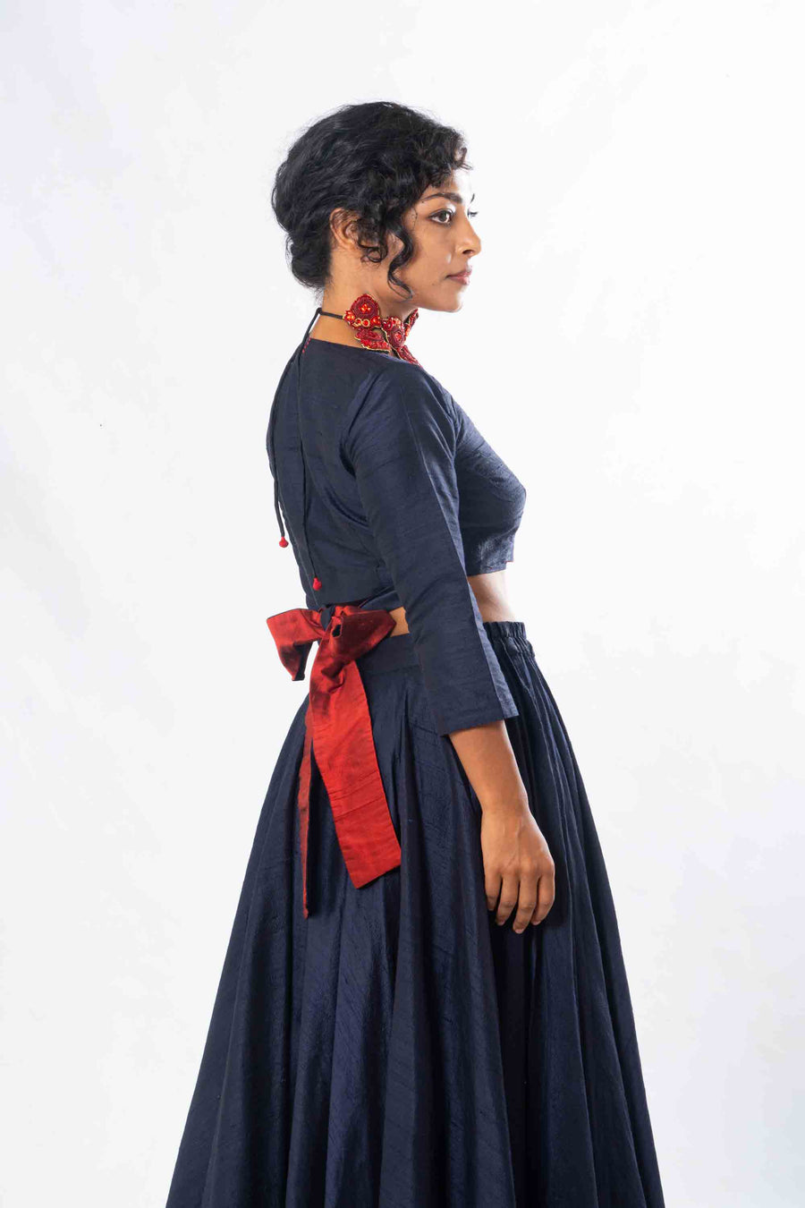 Set of 2- Royal Upasana Navy Blue Silk Skirt & Blouse