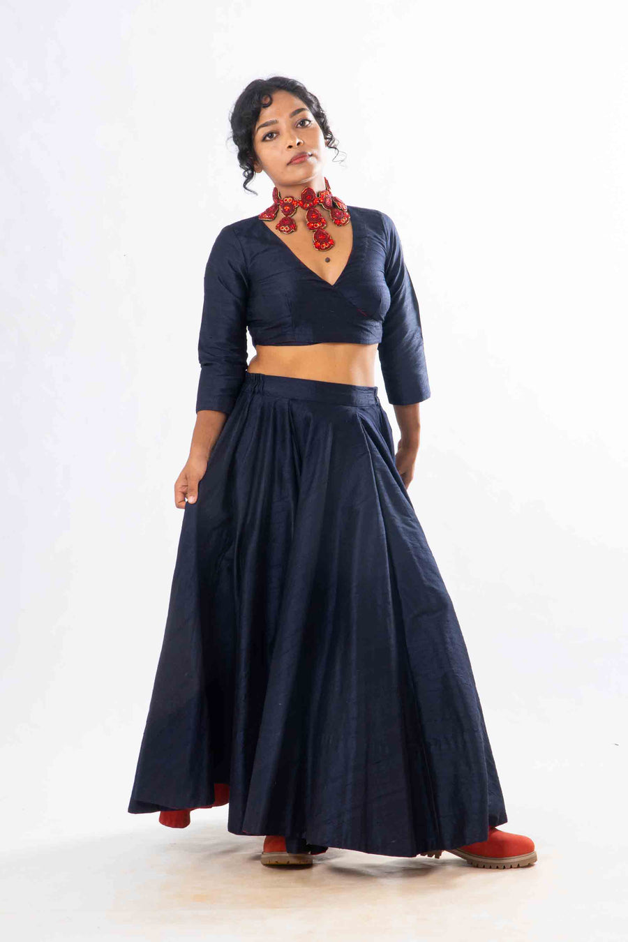 Set of 2- Royal Upasana Navy Blue Silk Skirt & Blouse