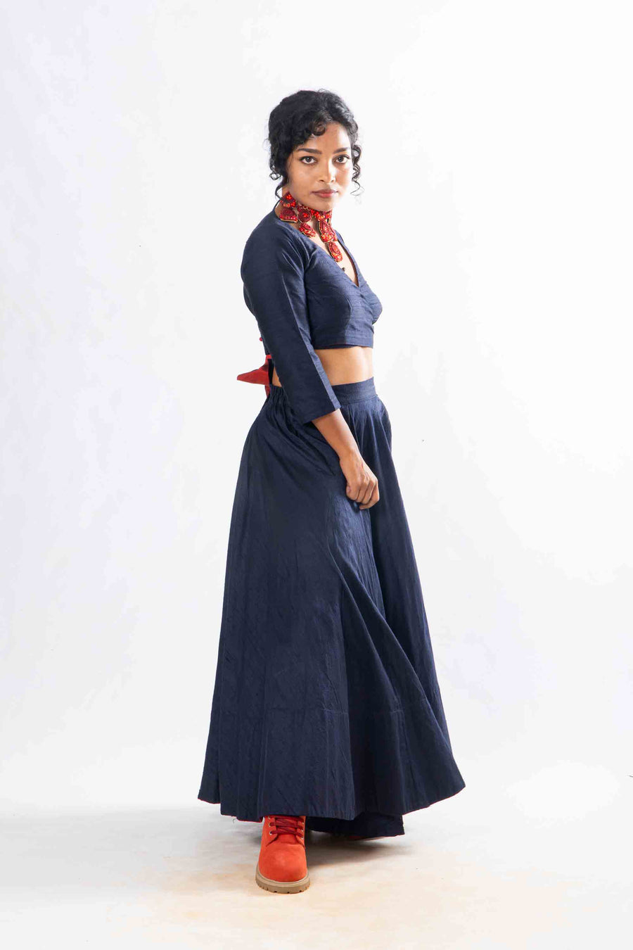 Set of 2- Royal Upasana Navy Blue Silk Skirt & Blouse