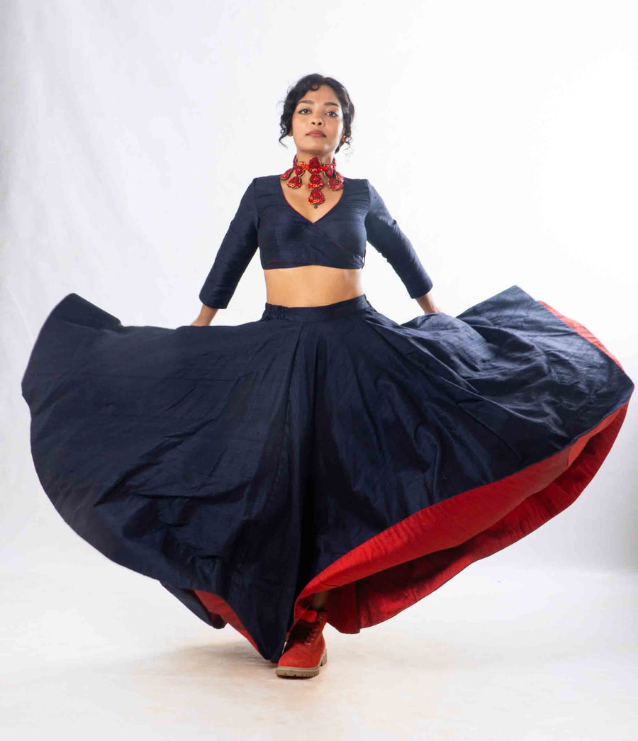 Set of 2- Royal Upasana Navy Blue Silk Skirt & Blouse