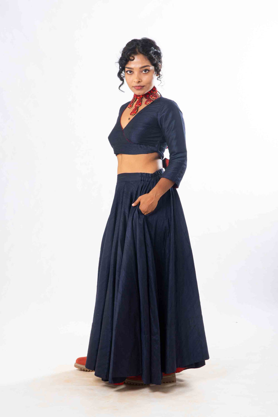 Set of 2- Royal Upasana Navy Blue Silk Skirt & Blouse