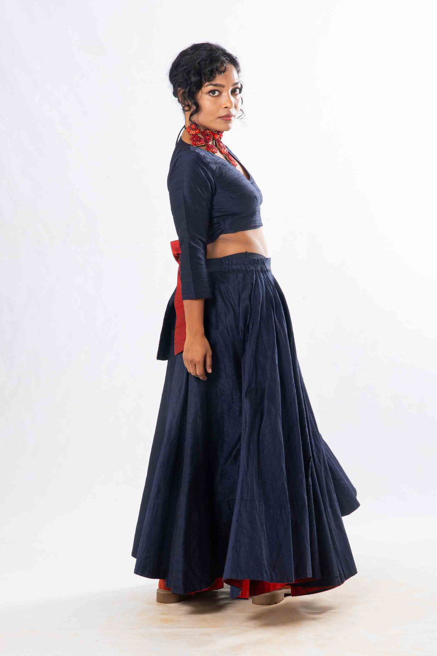 Set of 2- Royal Upasana Navy Blue Silk Skirt & Blouse