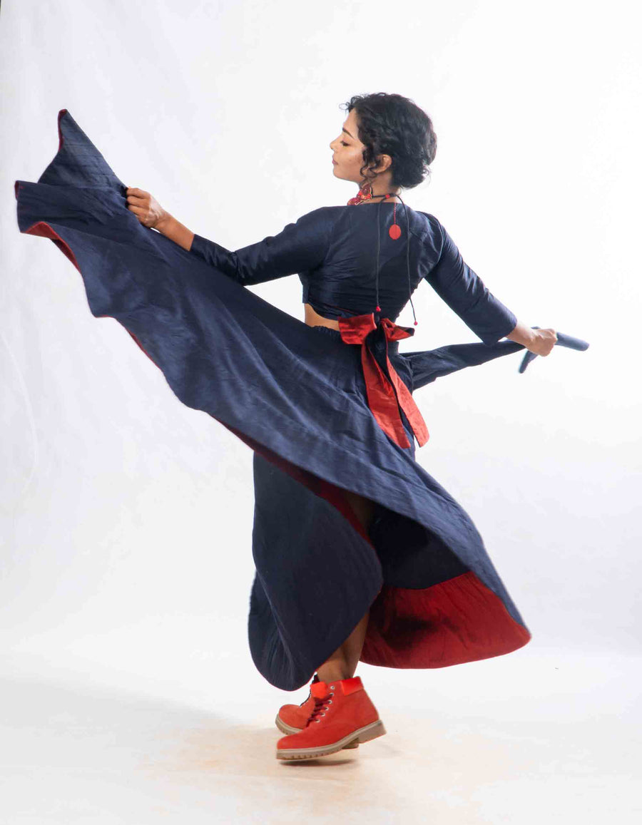 Set of 2- Royal Upasana Navy Blue Silk Skirt & Blouse
