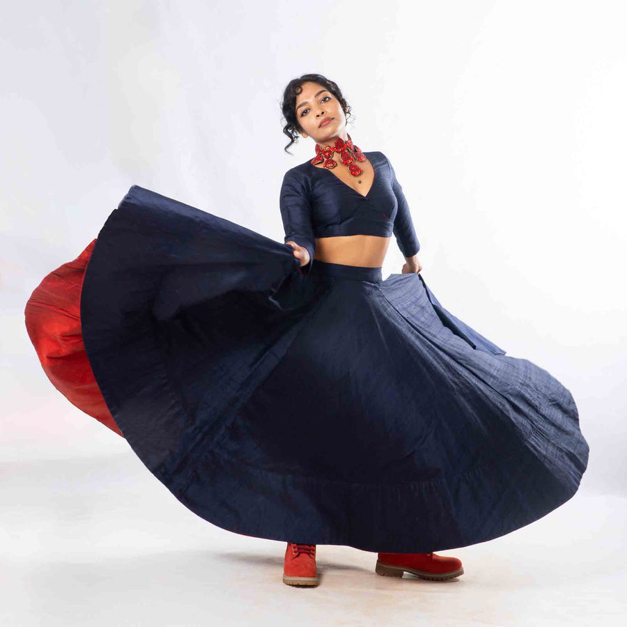 Set of 2- Royal Upasana Navy Blue Silk Skirt & Blouse