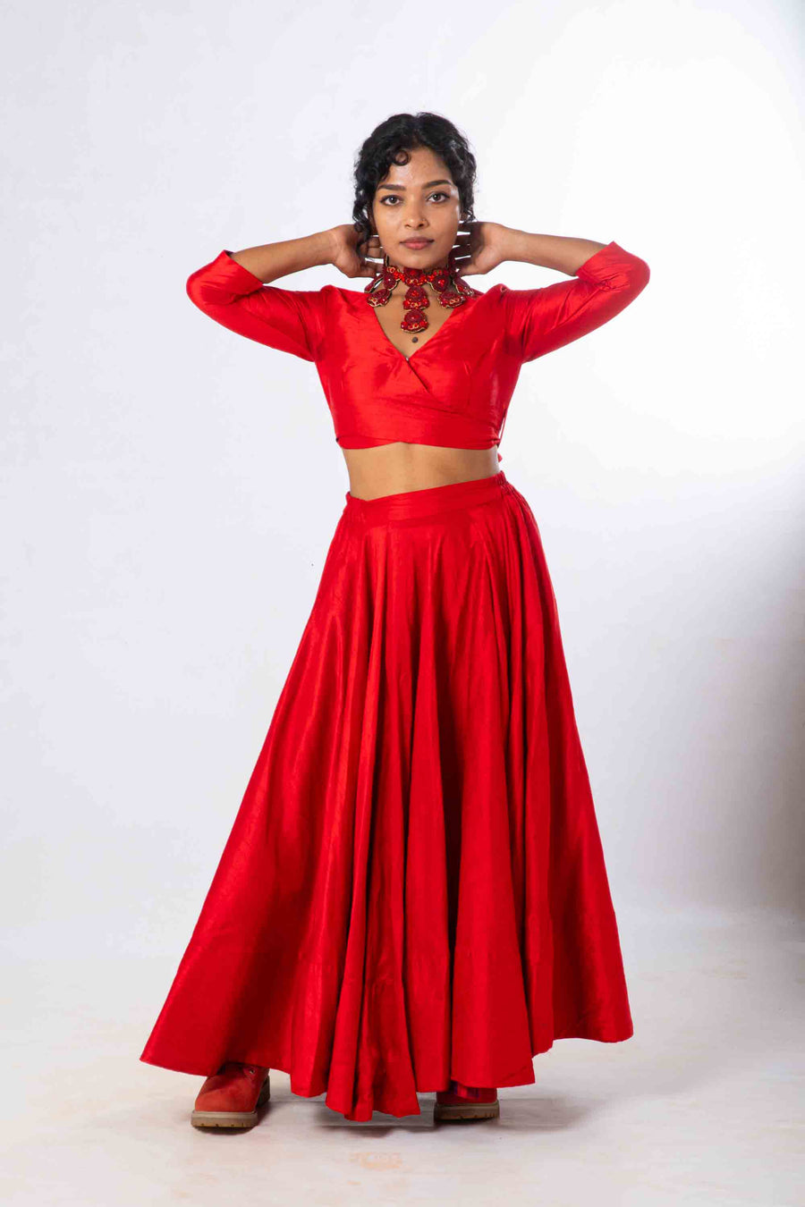 Set of 2- Royal Upasana Red Silk Skirt & Blouse