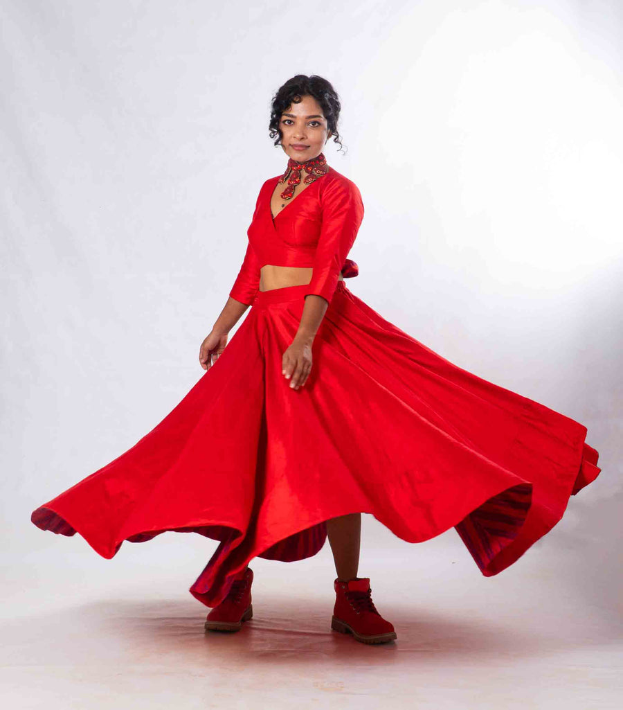 Set of 2- Royal Upasana Red Silk Skirt & Blouse
