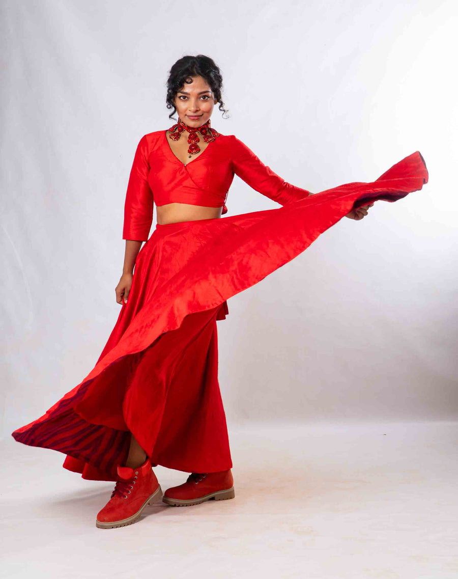 Set of 2- Royal Upasana Red Silk Skirt & Blouse