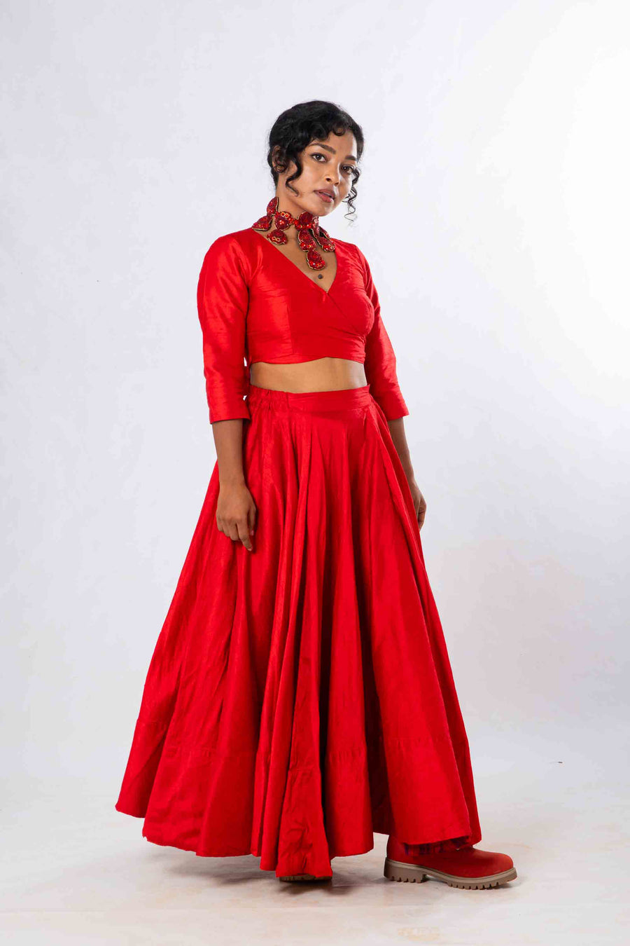 Set of 2- Royal Upasana Red Silk Skirt & Blouse