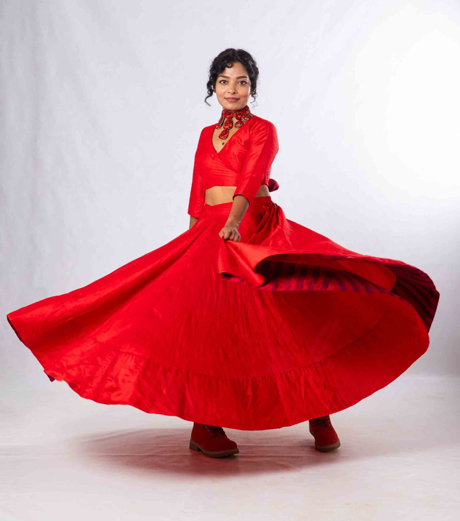 Set of 2- Royal Upasana Red Silk Skirt & Blouse