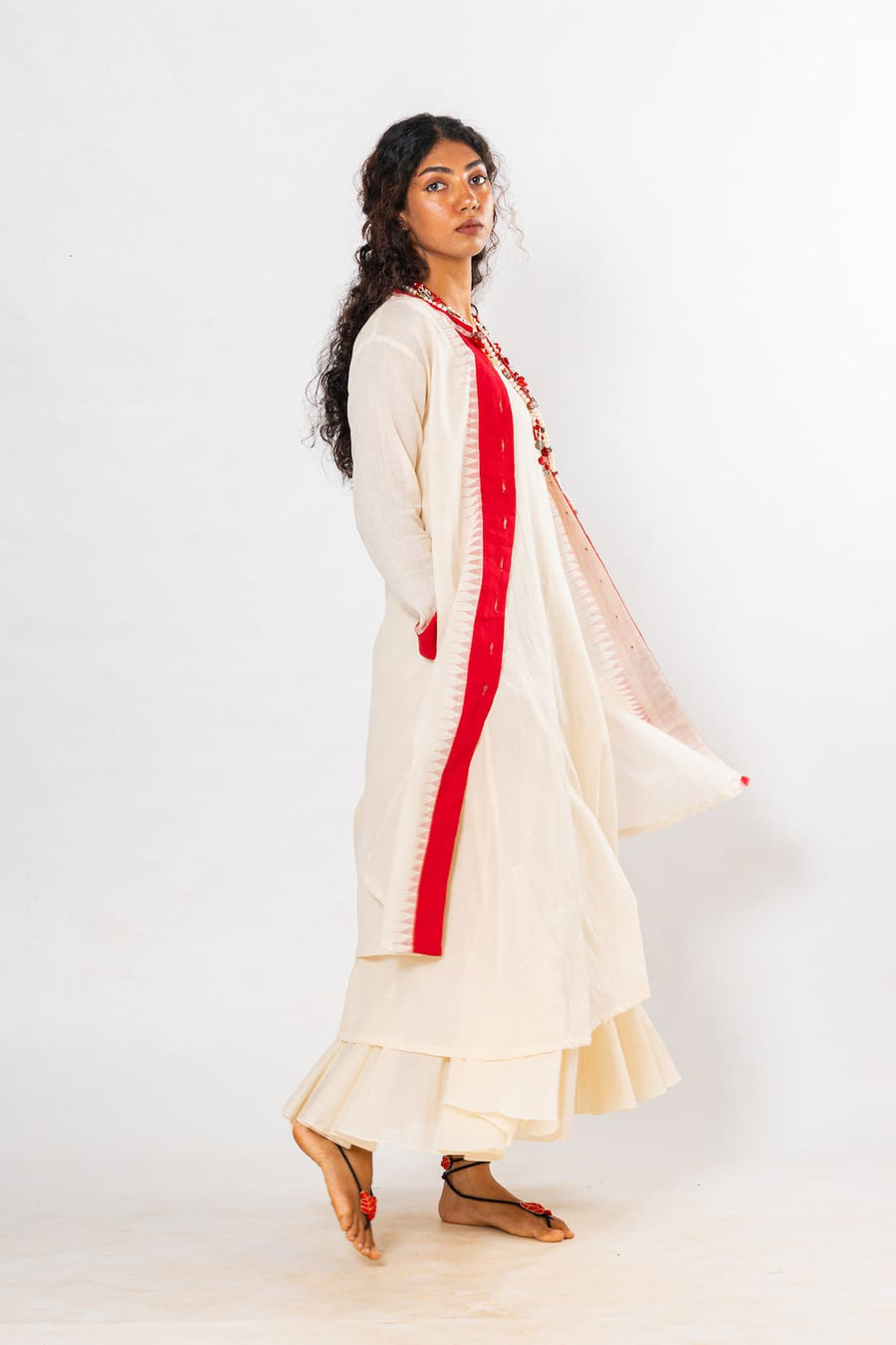 Set of 2- Ecru/Red Hand Spun Khadi Jamdani Dress & Jacket Set