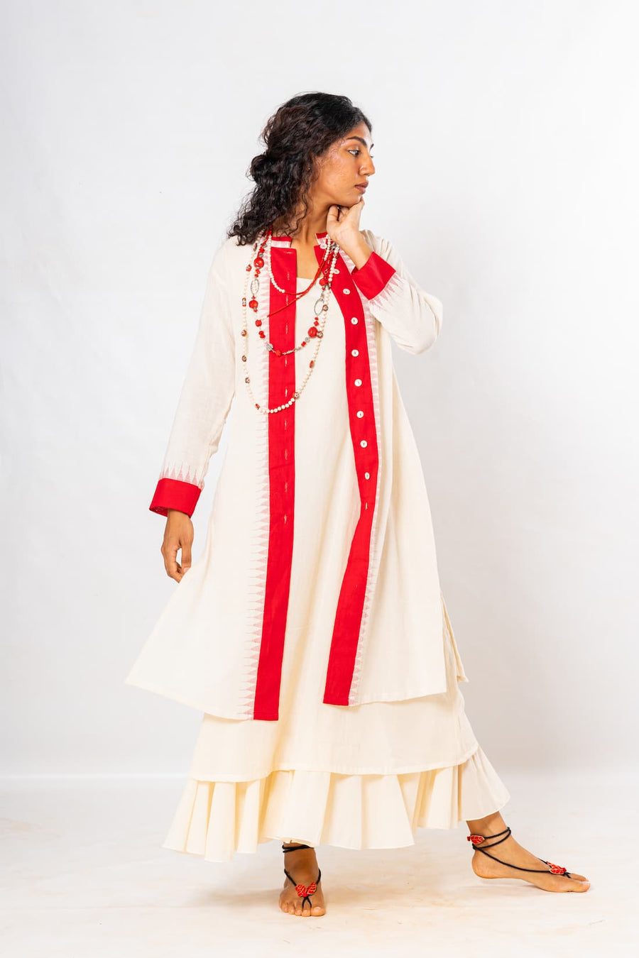 Set of 2- Ecru/Red Hand Spun Khadi Jamdani Dress & Jacket Set