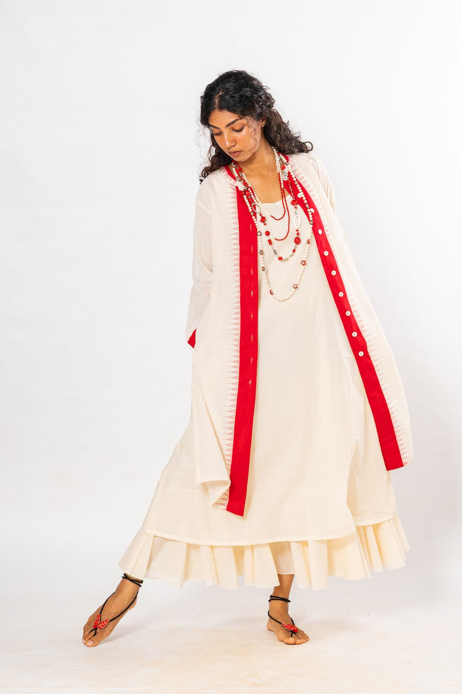 Set of 2- Ecru/Red Hand Spun Khadi Jamdani Dress & Jacket Set